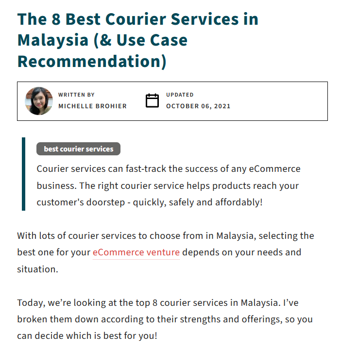 Screenshot of my 8 best courier services in Malaysia article