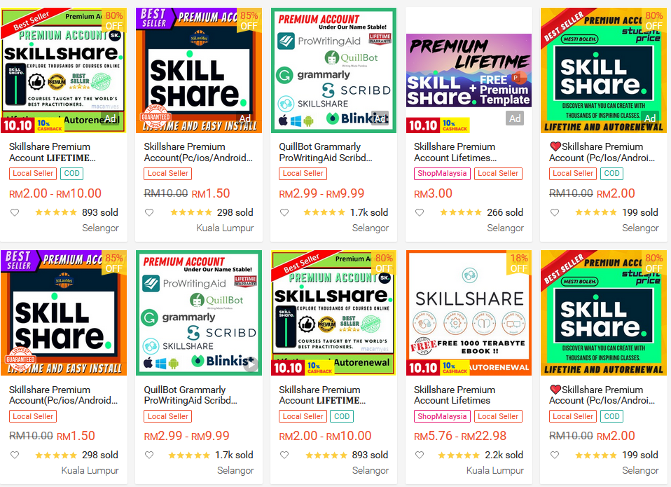 screenshot of shopee and their range of Skillshare subscription prices