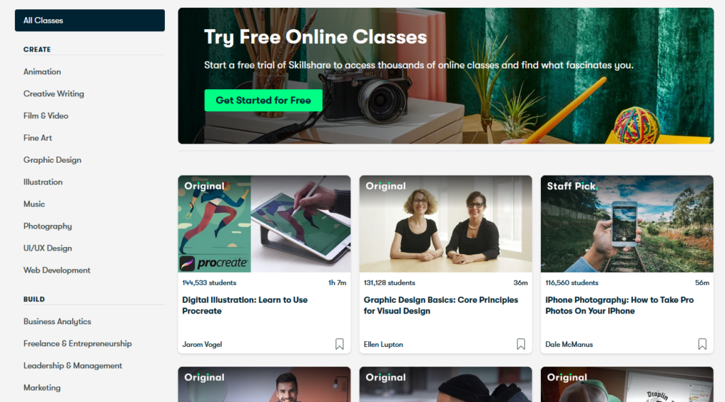 screenshot of skillshare with their option of free classes